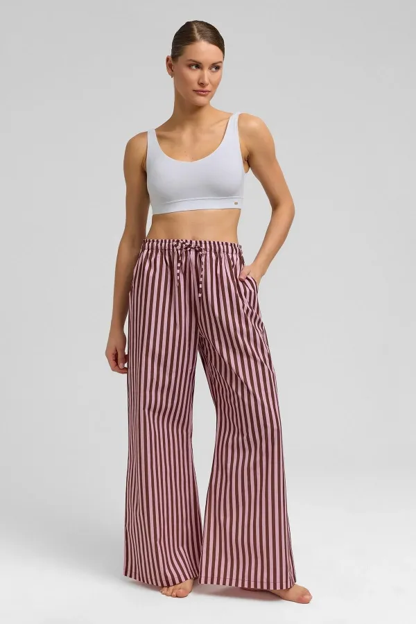Pantalon de pyjama rayé en popeline de coton pour femme, marron et rose, style égyptien.