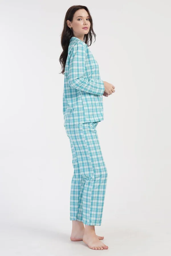 Ensemble pyjama bleu à manches longues en coton à carreaux bicolore pour femme, style égyptien