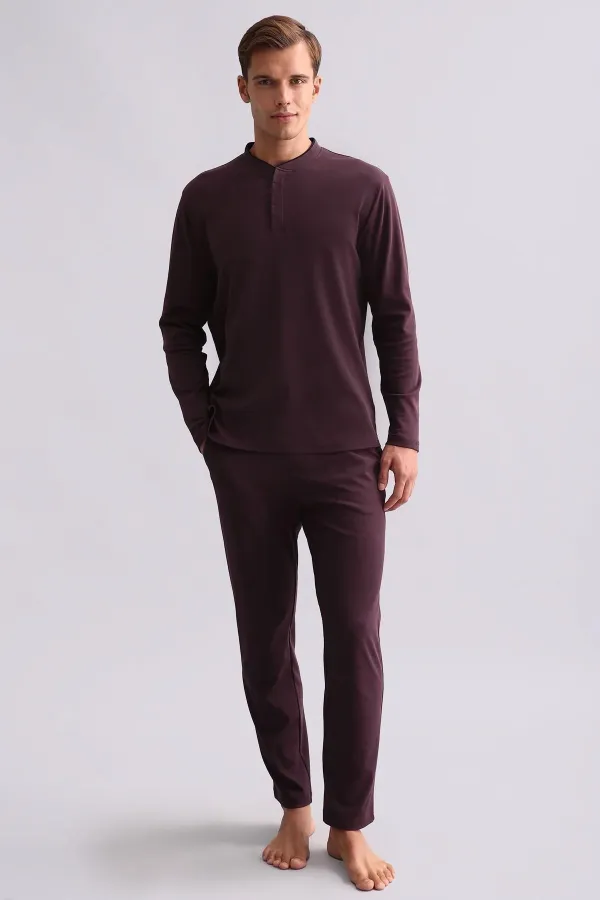 Mısırlı Men's Cotton Long-Sleeve Mandarin Collar Pajama Set Burgundy