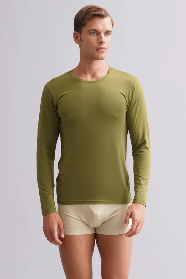 BAMBU HERCULES Slim Fit Crew Neck Long Sleeve Men's Undershirt Khaki