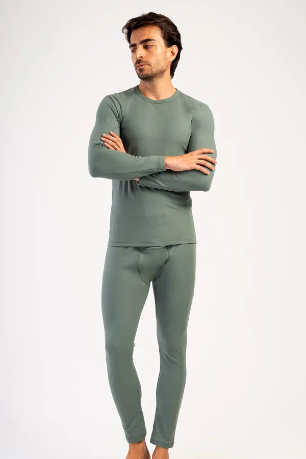 Men's Crew Neck Long-Sleeve Undershirt Set, Khaki