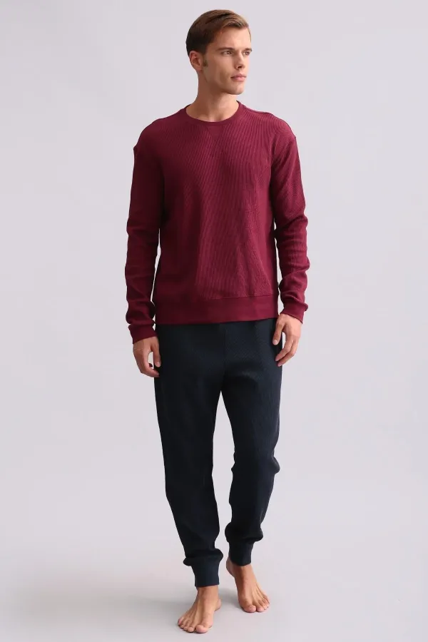 Ensemble pyjama à manches longues en coton pour homme, couleur bordeaux, d'origine égyptienne
