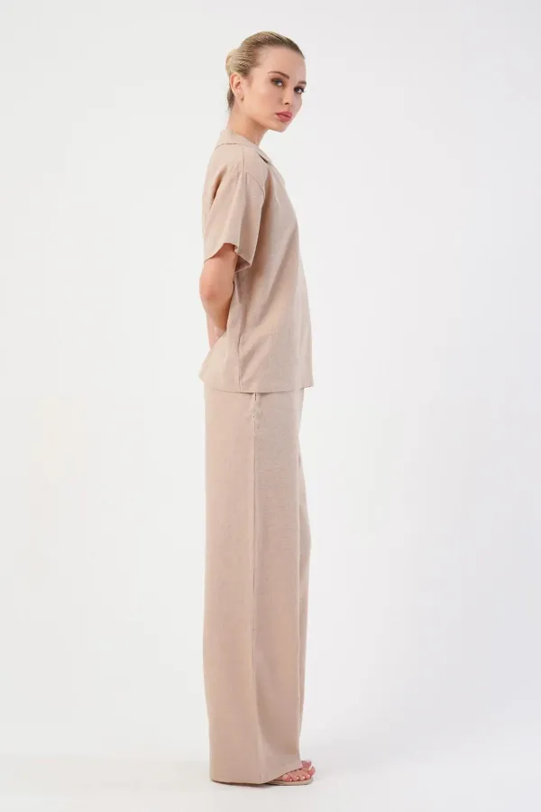 Mısırlı Kadın Pamuklu Dokuma Kısa Kollu Takım Bej