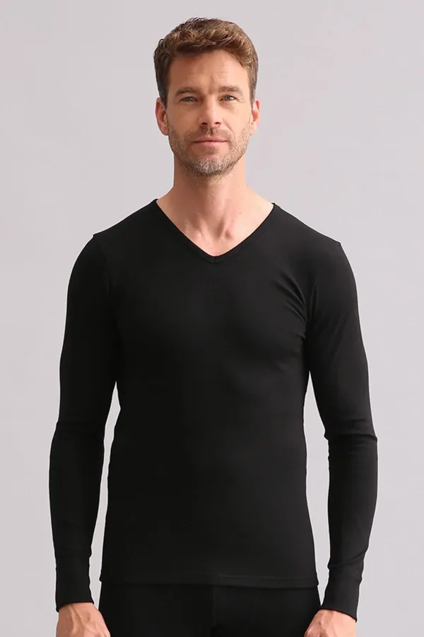 Sous-vêtement thermique en bambou égyptien à col en V et manches longues, noir