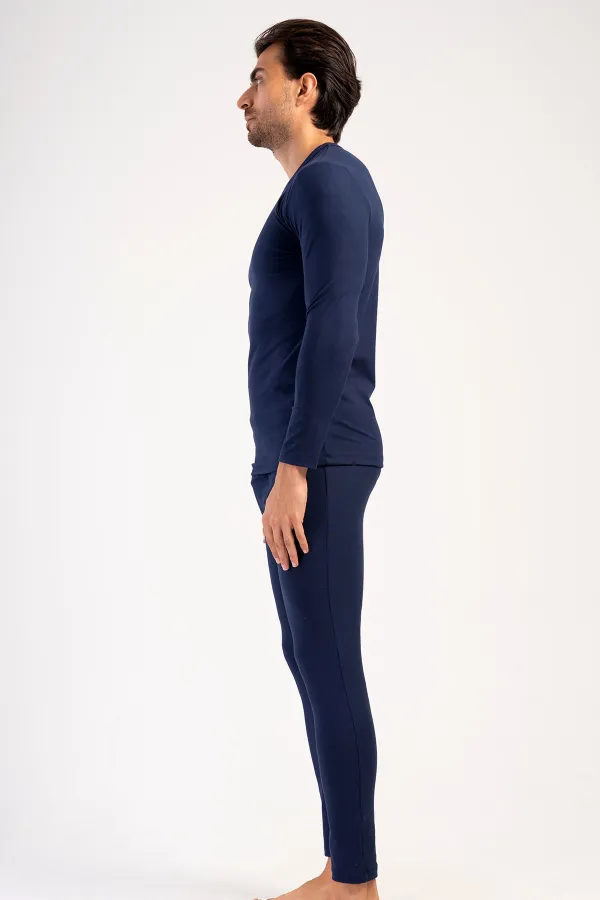 Ensemble de sous-vêtements pour homme, col rond et manches longues, bleu marine