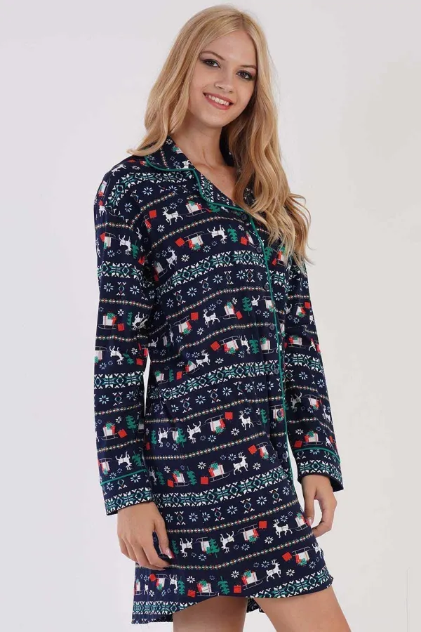 Women's Cotton Long-Sleeve Shirt Dress Indigo