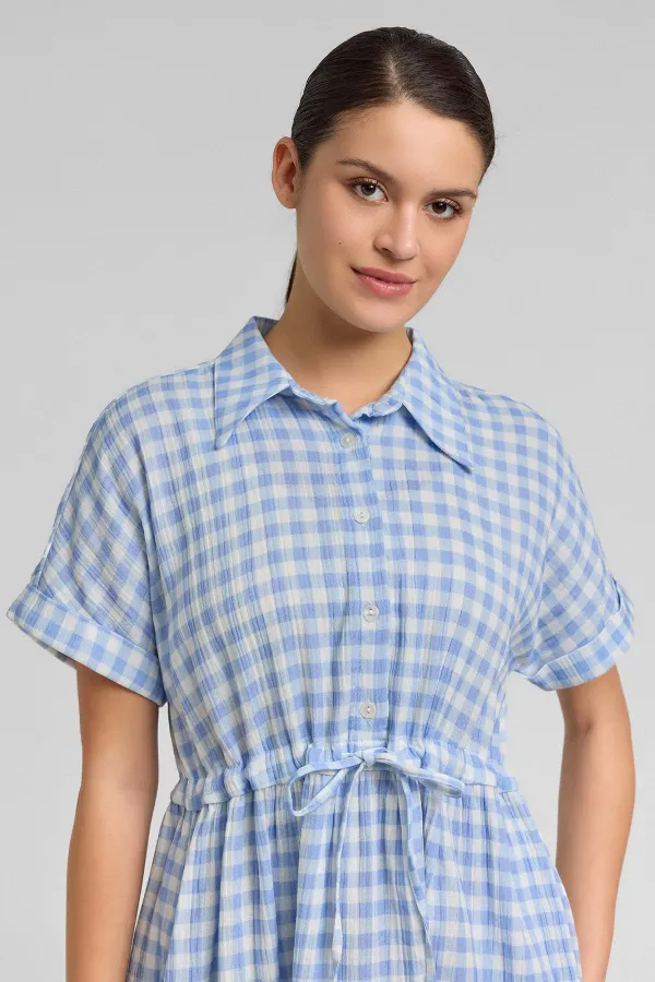 Kadın Pamuk Ekoseli Düğmeli Elbise Açık Mavi