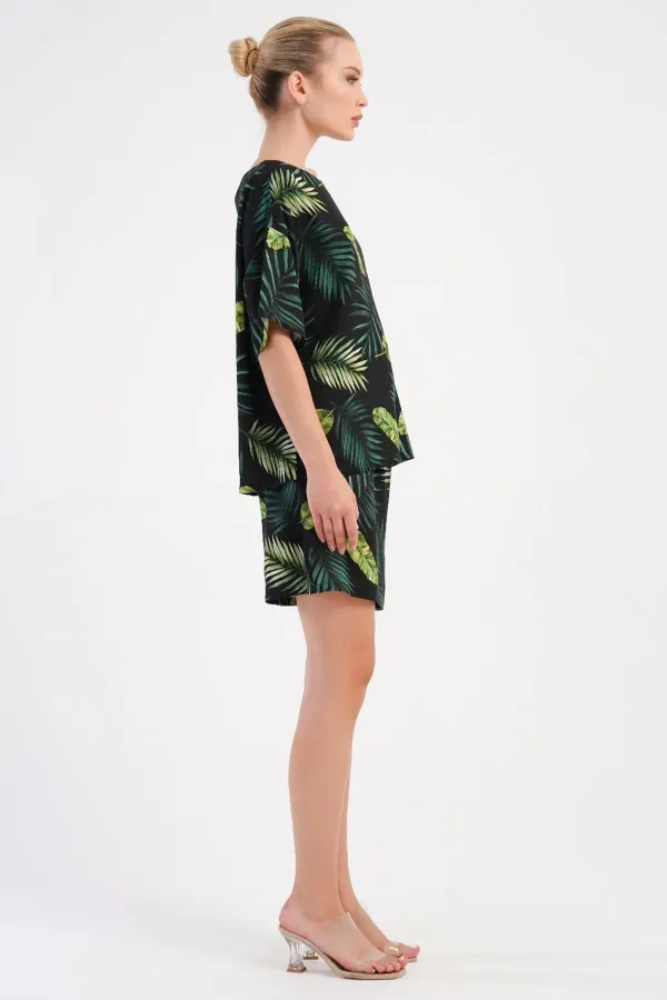 Mısırlı Kadın Viskon Desenli Şort Takım Yeşil