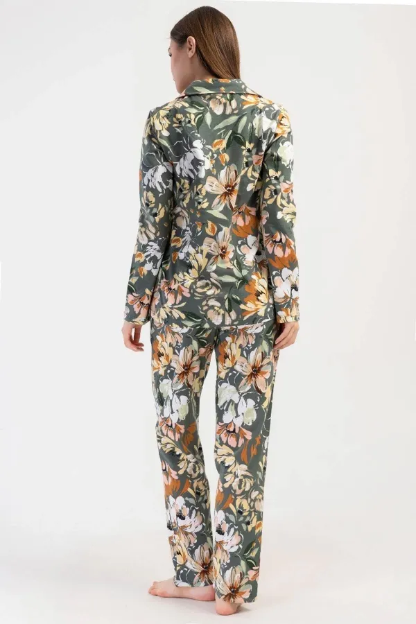 Ensemble pyjama vert en coton à manches longues pour femme, motif floral, style égyptien.