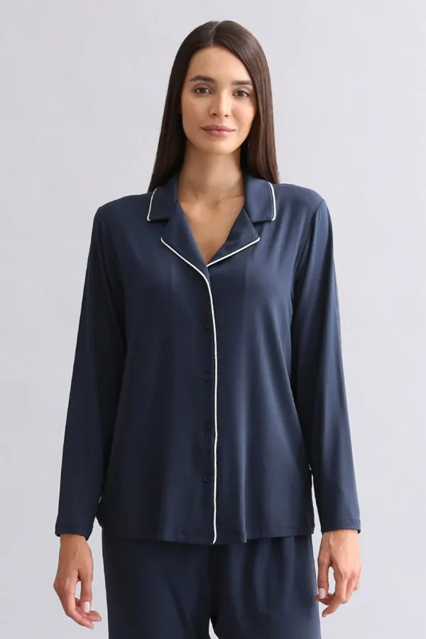 Mısırlı Kadın Modal Uzun Kollu Gömlek Gece Mavisi