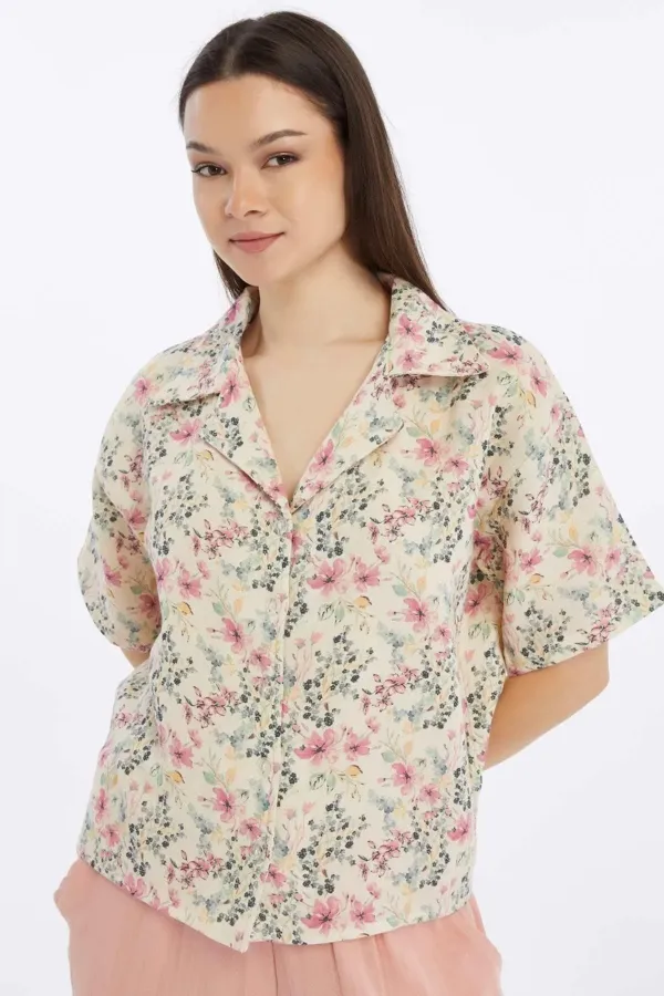 Mısırlı MÜSLİN Pamuklu Çiçekli Gömlek Pembe