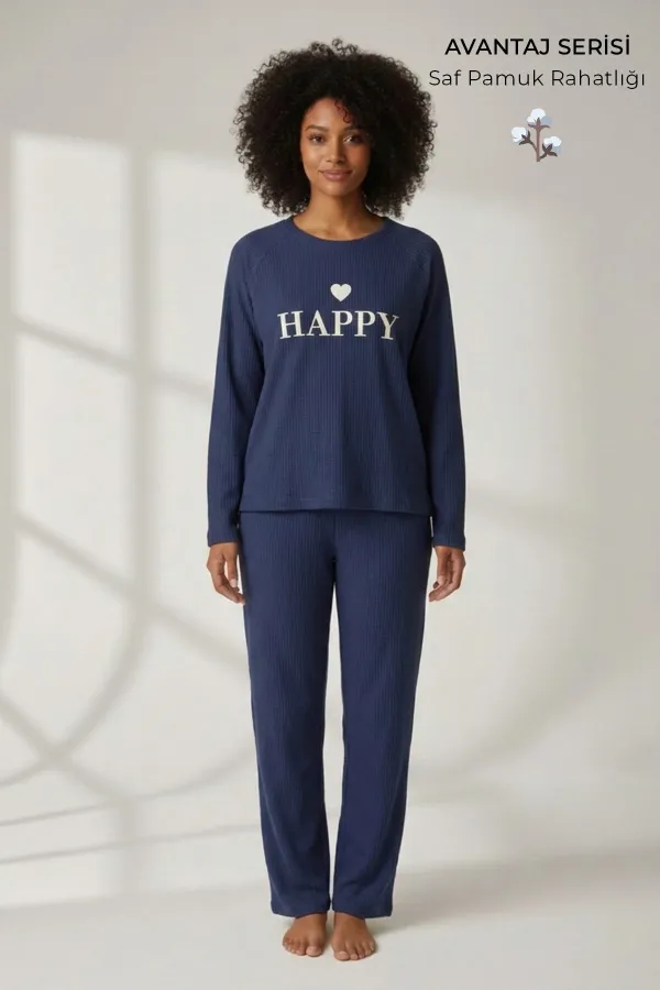 Mısırlı Kadın Pamuk Gorfe Kumaş Pijama Takım Lacivert