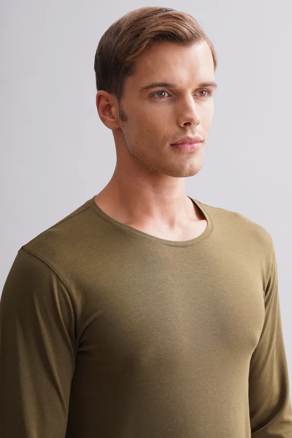 BAMBU HERCULES Slim Fit Crew Neck Long Sleeve Men's Undershirt Dark Khaki
