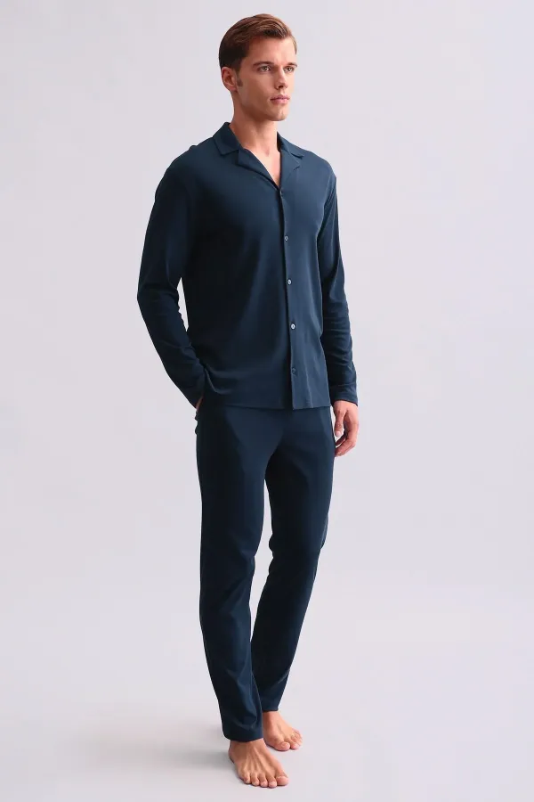 Ensemble pyjama chemise en coton pour homme, bleu marine, style égyptien