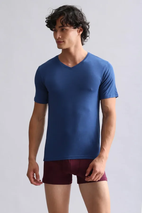 Débardeur/T-shirt à col V ajusté en modal égyptien TENCEL HERCULES bleu marine