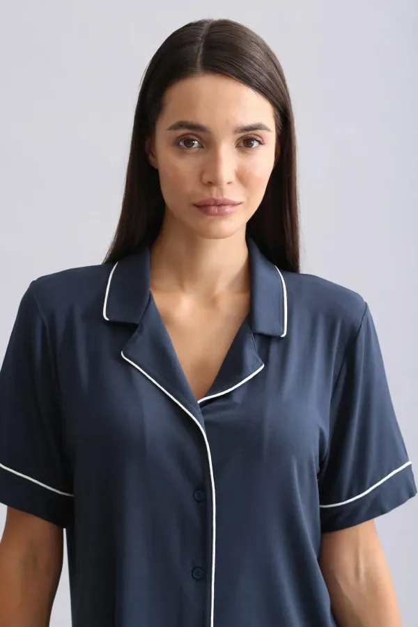 Chemise égyptienne à manches courtes en modal, bleu marine
