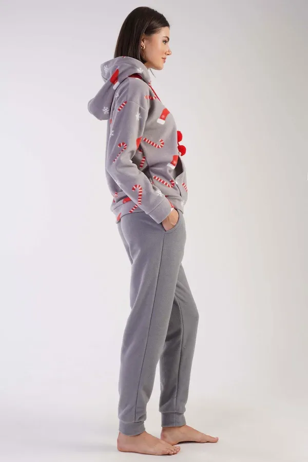 Mısırlı Kadın Polar Yılbaşı Temalı Kapüşonlu Pijama Takımı Gri