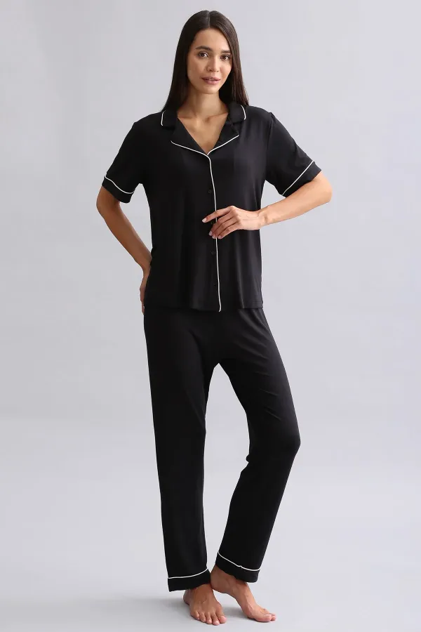 Mısırlı Kadın Bambu Kısa Kol Gömlek Siyah