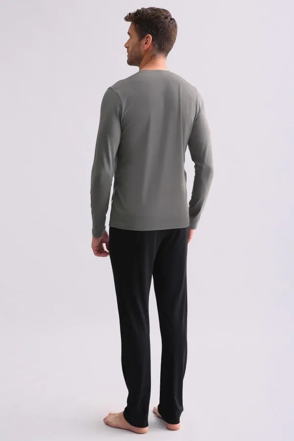 Ensemble pyjama homme égyptien en modal et coton mélangés, manches longues, col en V, gris chiné