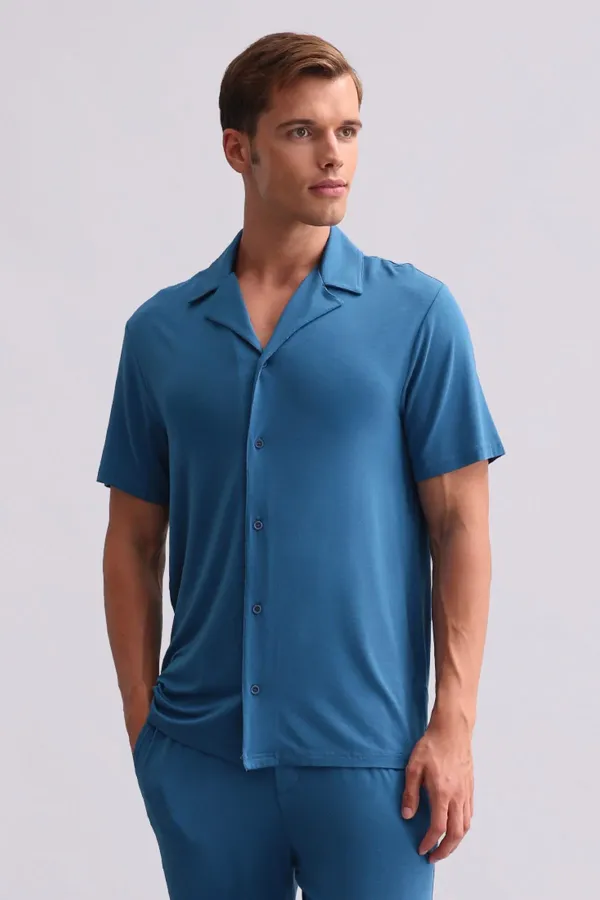 Chemise égyptienne pour homme en modal à manches courtes, bleu marine foncé
