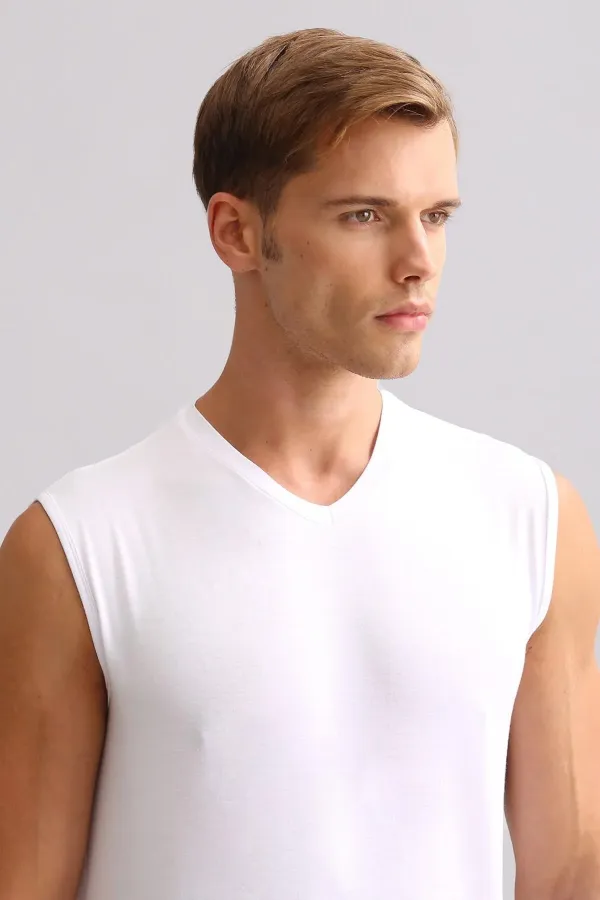 Mısırlı BAMBU ZEUS LUXURY Regular Fit V Yaka Sporcu Atlet / T-Shirt Beyaz
