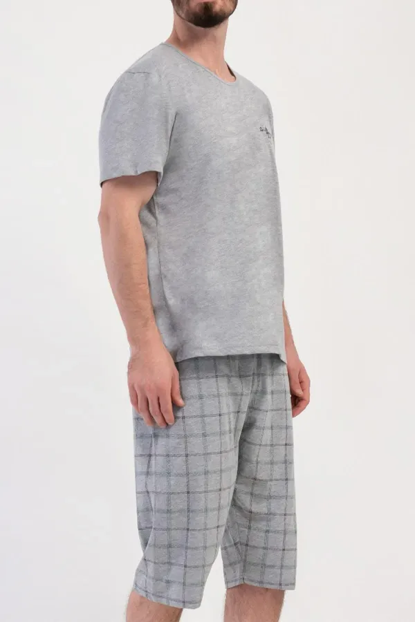 Ensemble Capri à manches courtes à carreaux pour homme, gris chiné, style égyptien