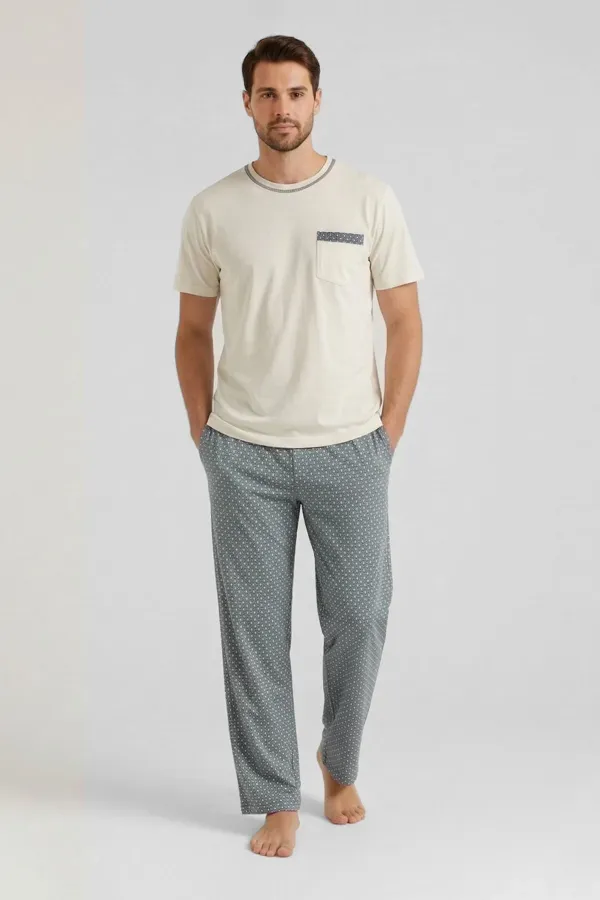 Ensemble 3 pièces pour homme en coton égyptien, col rond et poches, blanc/vert