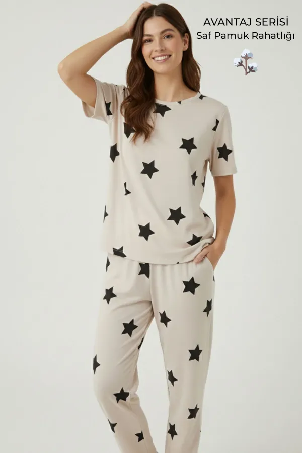 Pamuklu Kısa Kollu Tişört Pantolon Takım Bej