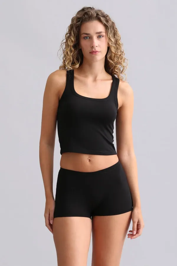 Mısırlı Modal By TENCEL U HELEN Kalın Askılı Crop / T-Shirt Siyah