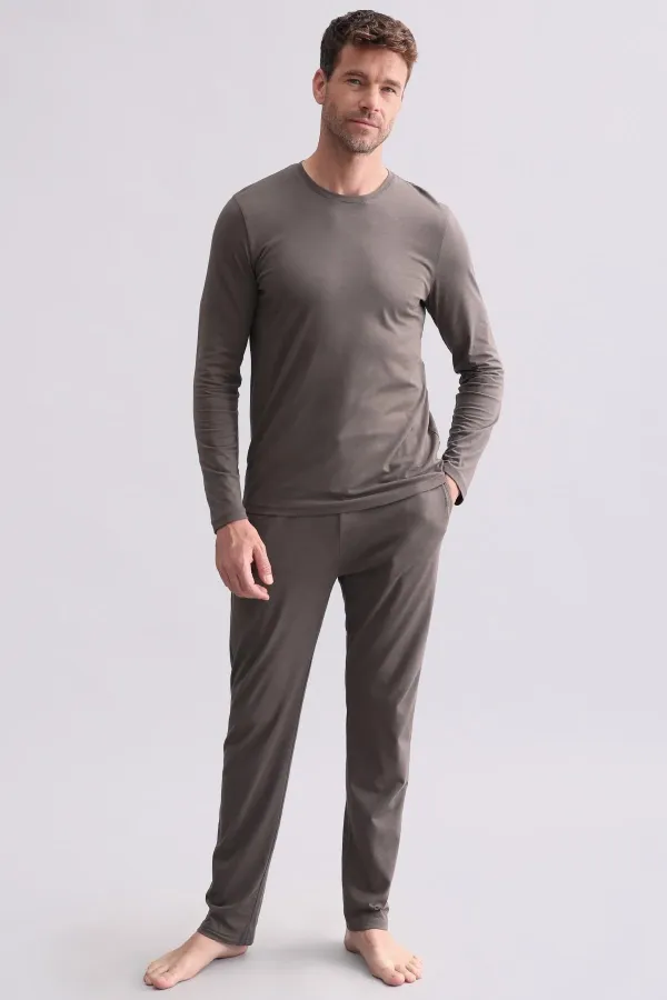 Ensemble pyjama à manches longues pour homme, en mélange modal et coton, marron, d'origine égyptienne