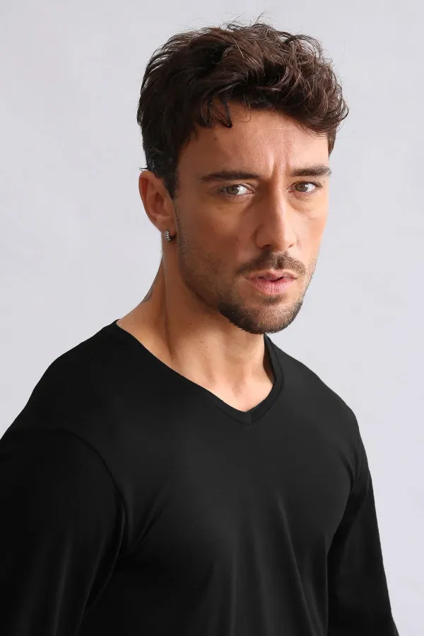 Mısırlı Modal By TENCEL HERCULES Slim Fit V Yaka Uzun Kollu Fanila / T-Shirt Siyah