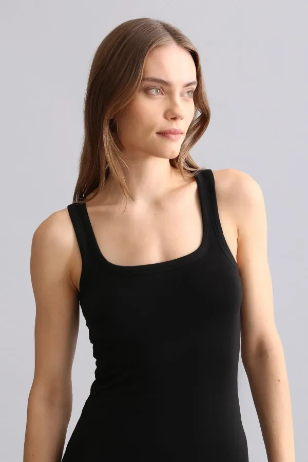 Mısırlı Modal By TENCEL U HELEN Thick Strap Long T-Shirt / Tank Top Black