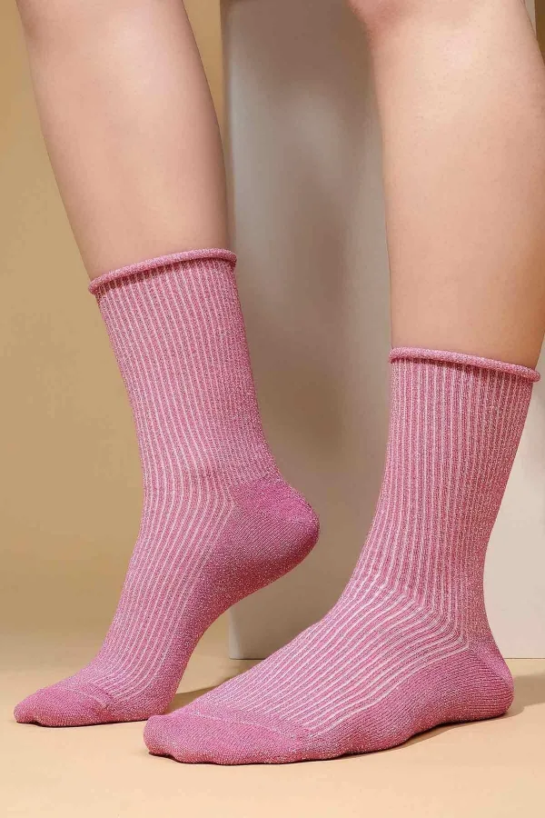 Mısırlı Kadın Bambu Simli Soket Çorap Koyu Pembe