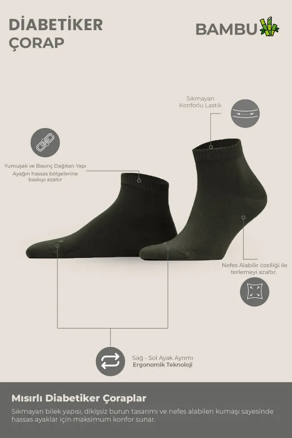 Unisex Bambu Diyabetik Sneaker Çorap Koyu Haki