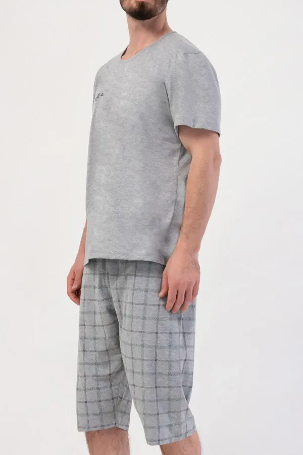 Ensemble Capri à manches courtes à carreaux pour homme, gris chiné, style égyptien