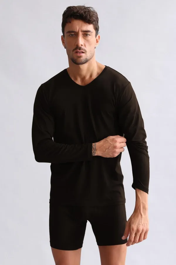 Débardeur/T-shirt à manches longues et col en V, coupe ajustée, en modal égyptien TENCEL HERCULES, marron