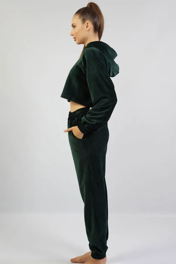 Mısırlı Kadın Kadife Uzun Kollu Pijama Takımı Haki