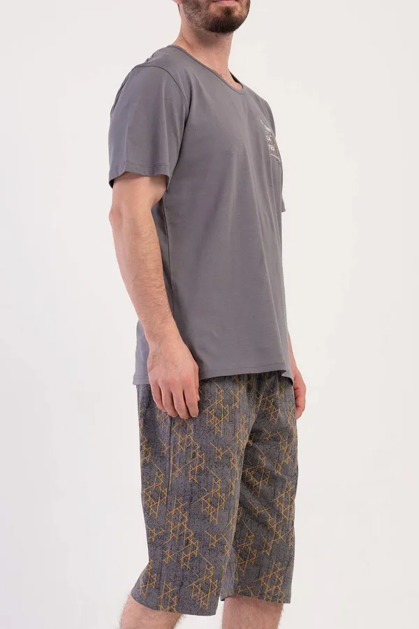 Ensemble capri à manches courtes en coton à motifs pour homme, couleur gris foncé/moutarde, de style égyptien.