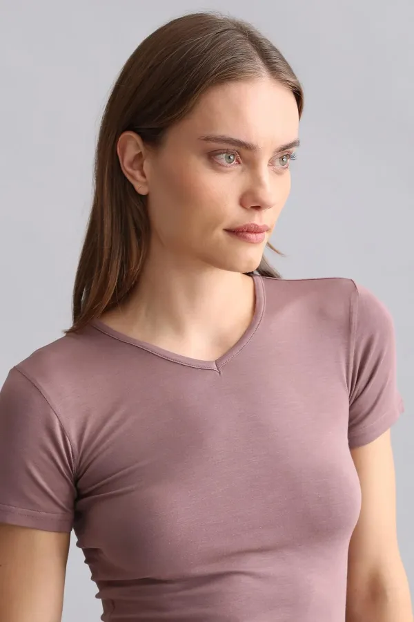 Mısırlı Modal By TENCEL VICTORIA V Yaka Fanila / T-Shirt Lavender