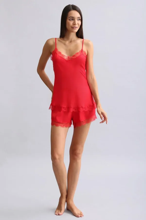 Mısırlı Kadın Bambu Şort Takımı Kırmızı