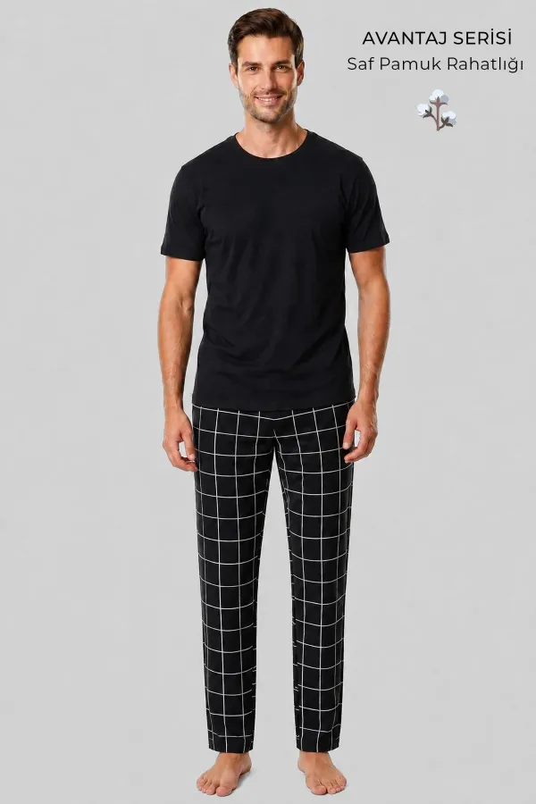 Pyjama égyptien pour homme en coton fin à carreaux noirs
