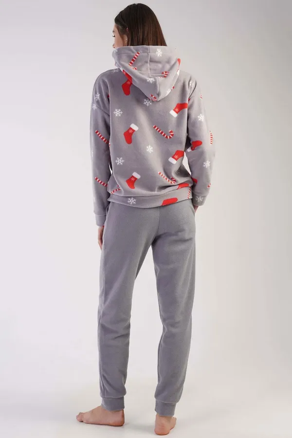 Mısırlı Kadın Polar Yılbaşı Temalı Kapüşonlu Pijama Takımı Gri