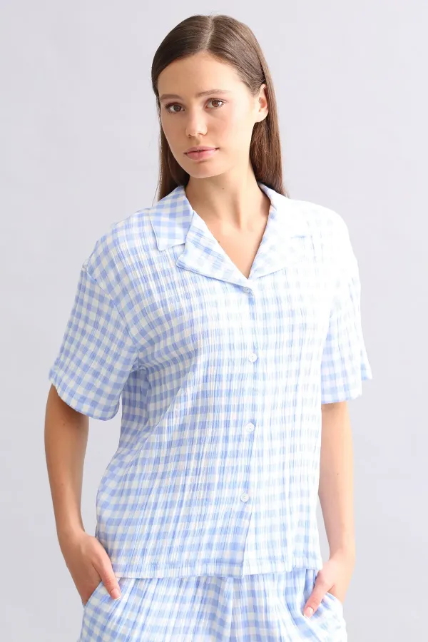 Mısırlı Kadın Pamuk Ekoseli Gömlek Şort Takım Açık Mavi