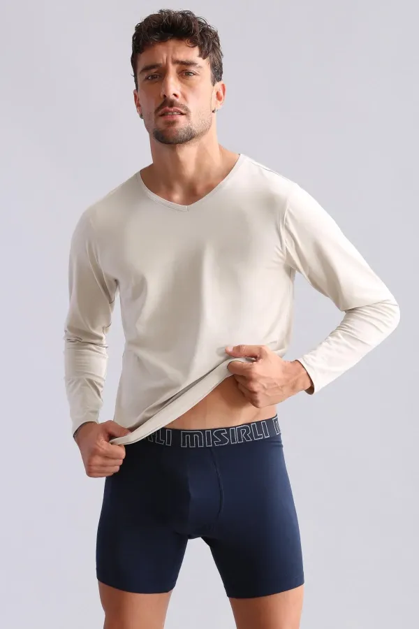 Mısırlı Modal By TENCEL HERCULES Slim Fit V Yaka Uzun Kollu Fanila / T-Shirt Toprak Bej