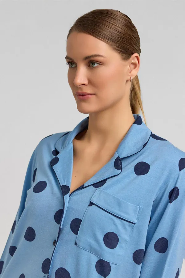Mısırlı Women's Modal Knit Polka Dot Shirt, Baby Blue