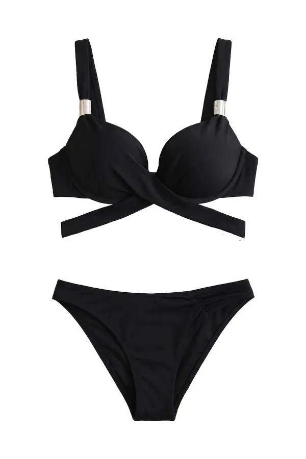 Mısırlı Aksesuarlı Double Dolgulu Bikini Takım Siyah