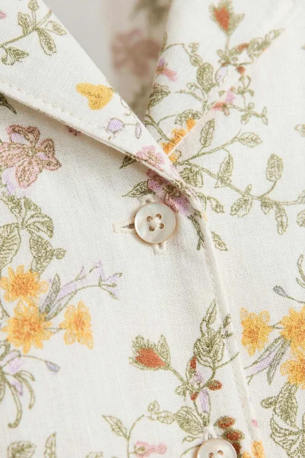 Ensemble chemise et short en coton à motif floral pour femme, écru