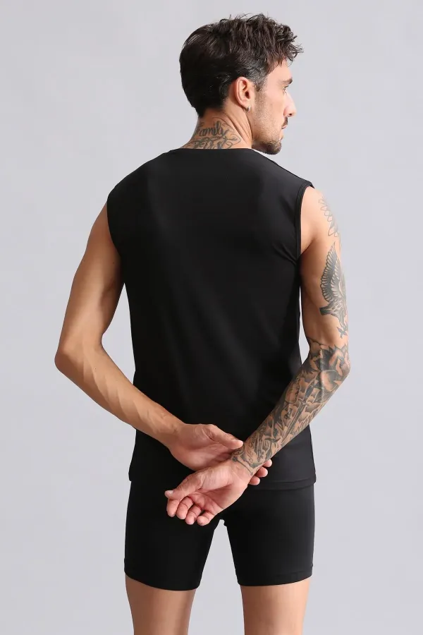 Débardeur/T-shirt de sport noir à col rond et coupe ajustée en bambou égyptien Hercules