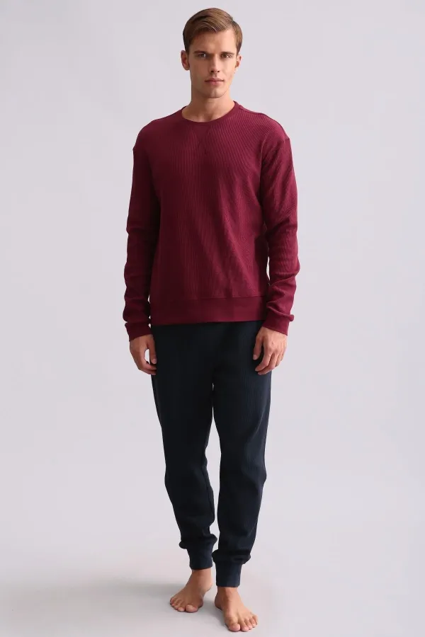 Ensemble pyjama à manches longues en coton pour homme, couleur bordeaux, d'origine égyptienne