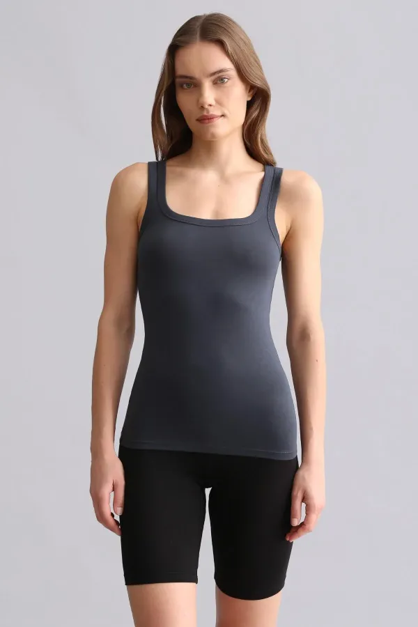 T-shirt/débardeur long à bretelles épaisses en modal égyptien TENCEL U HELEN, anthracite